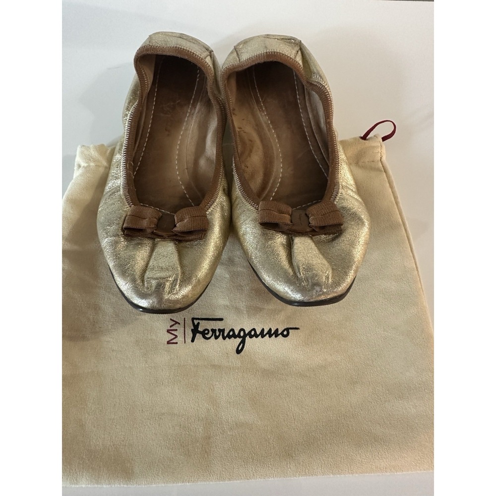 Salvatore Ferragamo My Joy Gold Leather Ballet Flats Bow Women Size 7.5